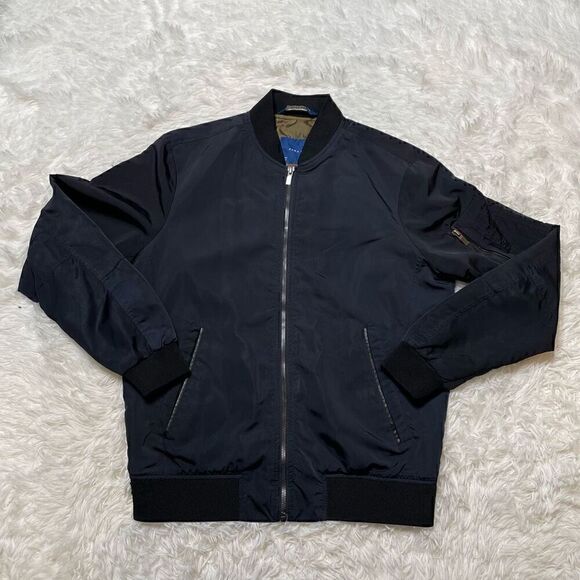 Zara Man Jacket Size M Bomber Coat Navy Blue Lined Full Zip Flight Moto Grunge - Picture 1 of 10